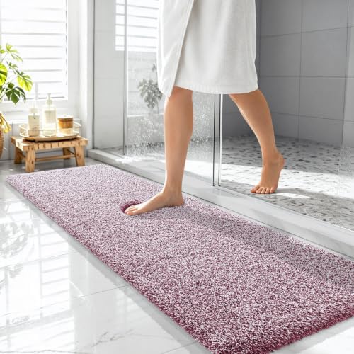 OLANLY Microfiber Bathroom Rugs 59x20, Quick Dry Mat, Burgundy and White
