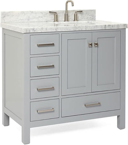 ARIEL Cambridge 36-inch Bathroom Vanity with Sink,Solid Wood, 1.5-inch Italian Carrara Marble Countertop, Single Rectangular Porcelain Sink, 2 Soft Closing Doors, 5 Dovetail Drawers, Grey