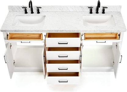 ARIEL Hepburn 72-inch Bathroom Vanity with Sink,Solid Wood, 1.5-inch Italian Carrara Marble Countertop, Double Rectangular Porcelain Sink, 4 Soft Closing Doors, 6 Dovetail Drawers, White