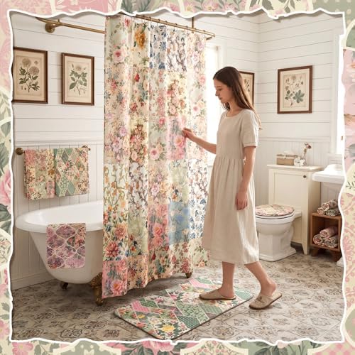 FuWeave 8 Pcs Vintage Floral Shower Curtain Set Girly Bathroom Decor Flower Waterproof Bathroom Accessories Rustic Farmhouse Shower Curtain Sets with Towels Carpet Bath Mat Toilet Rugs and 12 Hooks