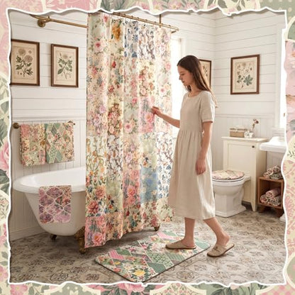 FuWeave 8 Pcs Vintage Floral Shower Curtain Set Girly Bathroom Decor Flower Waterproof Bathroom Accessories Rustic Farmhouse Shower Curtain Sets with Towels Carpet Bath Mat Toilet Rugs and 12 Hooks