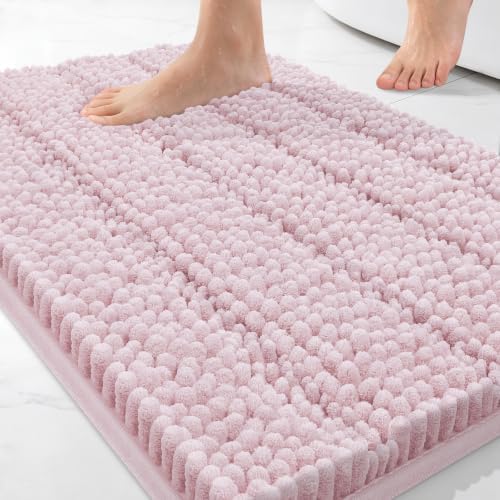 Bcoimo Small Bath Rug Mat,24x17 Chenille Non Slip Pink Bathroom Shower Mat