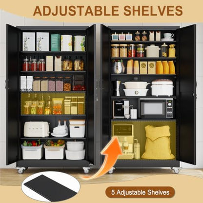 74" Metal Garage Storage Locker Cabinet with Wheels,Rolling White Farmhouse Kitchen Pantry Cabinet with 2 Doors and 5 Adjustable Shelves, Steel File Tool Cabinet for Home Office Warehouse