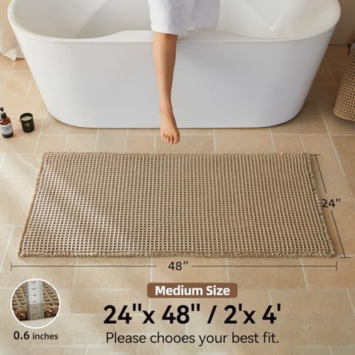 Triohero Waffle Bath Mat, Boho Bathroom Rugs Non Slip, 24x48 Beige