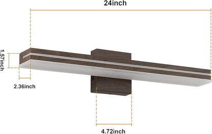 SineRise LED Modern Bathroom Vanity Light Fixtures (24-Inch, 3000K/4000K/6000K, Dimmable), Brown Wood Painted Modern Acrylic Bathroom Wall Lighting Fixtures Over Mirror
