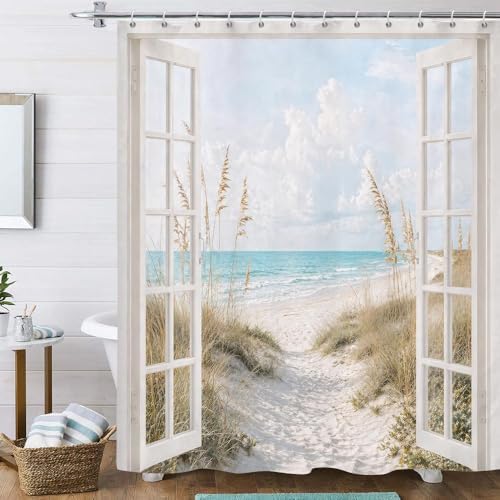 Beach Shower Curtain, Rustic Country Coastal Ocean Decor Bathroom Curtains, Seaside Scenery Waterproof Polyester Fabric Shower Curtain with Hooks 72x72 Inch