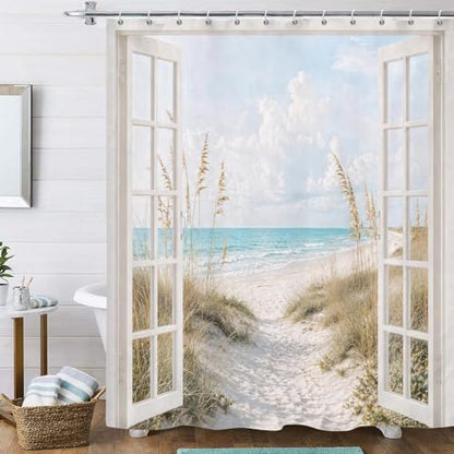 Beach Shower Curtain, Rustic Country Coastal Ocean Decor Bathroom Curtains, Seaside Scenery Waterproof Polyester Fabric Shower Curtain with Hooks 72x72 Inch