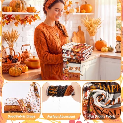 FuWeave 8 Pcs Fall Shower Curtain Set, Farmhouse Pumpkin Maple Leaf Bathroom Decor, Non-Slip Bath Rug, U Mat, Toilet Lid Cover, Hand Towels & 12 Hooks, Autumn Thanksgiving Harvest Home Decor