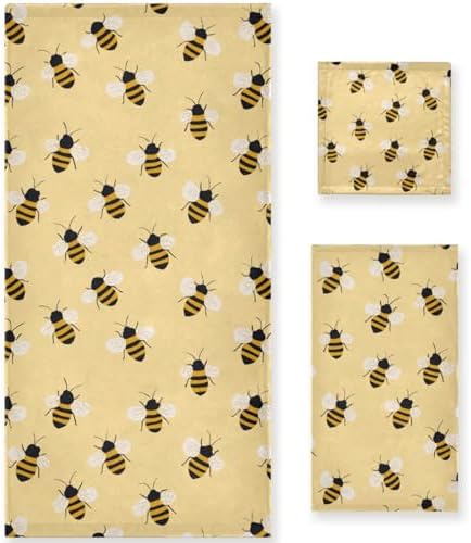 Naanle Retro Little Bee Pattern Soft Set of 3 Towels, 1 Bath Towel+1 Hand Towel+1 Washcloth, Decorative for Bathroom, Hotel, Kitchen, Spa and Beach