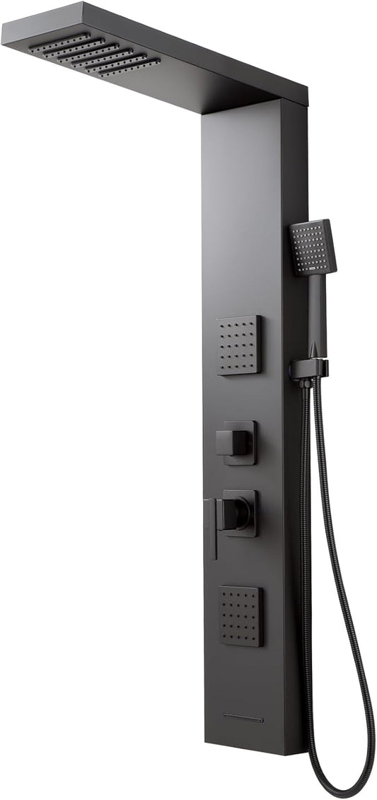 ROVOGO Shower Panel Tower System with High Pressure Shower Head, Body Jets, Handheld and Tub Spout, 46.5"H x 7.8"W Shower Column Stainless Steel with Mixer Valve, Black