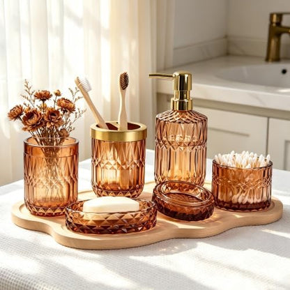 Bathroom Accessories Set, 5Pcs Clear Glass Bathroom Accessories, Soap Dispenser, Soap Dish, Toothbrush Holder Set, Tumbler, Qtips Holder for Vintage Crystal Bath Decor (Amber)