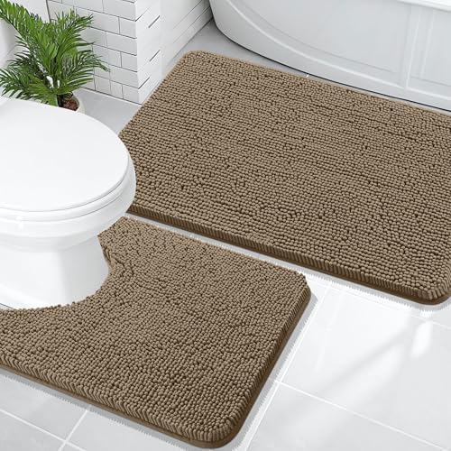 OLANLY Chenille Bathroom Rugs Mats Sets 2 Piece, 36"x24"+24"x20", Tan