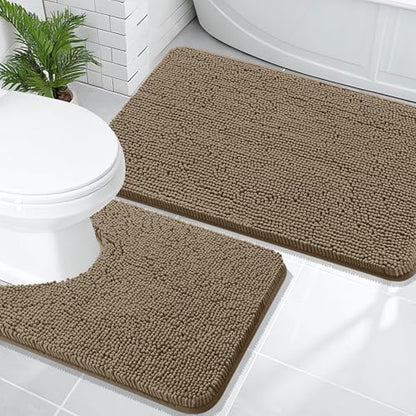 OLANLY Chenille Bathroom Rugs Mats Sets 2 Piece, 36"x24"+24"x20", Tan