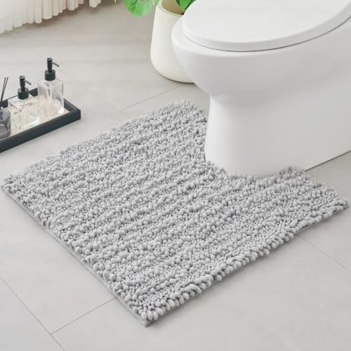 Silver Toilet Rugs U Shaped Washable, 24x24 Contour Bath Rugs for Toilet, Luxury Ultra Soft Chenille U-Shaped Toilet Rug, Non Slip Absorbent Machine Washable Bathroom Mat for Toile