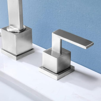KINGO HOME 3 Hole Widespread Brushed Nickel Bathroom Faucet,Modern Waterfall 8 inch 2 Handle Bathroom Sink Faucet Vanity Bathroom Faucet for Sink 3 Hole with Pop Up Drain and Water Supply Lines