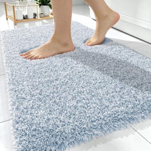 OLANLY Microfiber Bathroom Rugs 30x20, Quick Dry Mat, Airy Blue and White