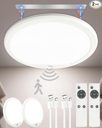 2 Pack Rechargeable Motion Sensor Ceiling Lights for Hallway, Stairs(Round) | Magnetic Mount Dimmable Closet Light with Remote, 7000mAh Battery Operated, 3 Color Modes, Wireless Installation