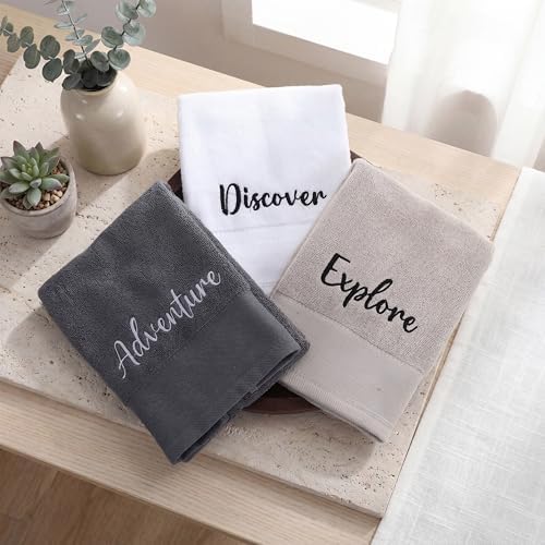 Tiamon 3 Pcs Bathroom Towel Decorative Set 100% Cotton Fluffy Bath Hand Towels for Guest Gifts Farmhouse Kitchen Hand Towels Home(Black, White, Gray,30 x 13 Inch,Discover, Explore, Adventure)