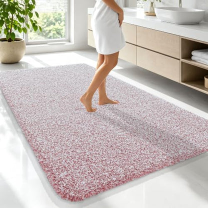 OLANLY Microfiber Bathroom Rugs 70x46, Quick Dry Mat, Deep Rose and White