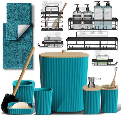 Clara Clark Bathroom Set - Teal Bathroom Accessories Set, 6PC Bathroom Accessory Set, Bathroom Sets with Bathroom Rugs, Adhesive Corner Shower Caddy Hanging, Toilet Brush, Trash Can & Soap Dispenser