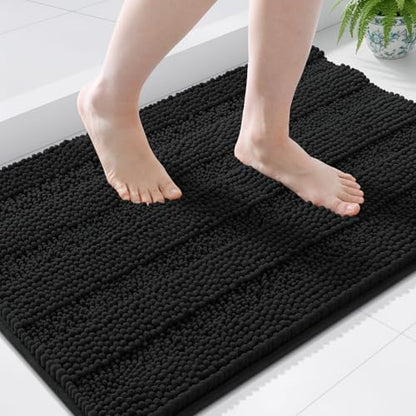 Grandaily Chenille Striped Bathroom Rugs 36x24, Extra Thick and Soft Absorbent Bath Mats, Rubber Backing, Plush Shaggy Shower Carpet, Machine Wash Dry, Bath Rug for Bathroom, Deep Black