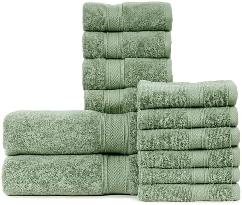 HILLFAIR Premium 100% Combed Cotton 12 Piece Bath Towels Set - Sage