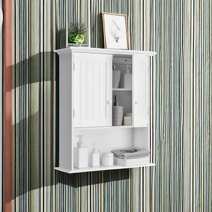 Tangkula Wall Mount Bathroom Cabinet Wooden Medicine Cabinet Storage Organizer with 2-Doors and 1-Shelf Cottage Collection Wall Cabinet (White)