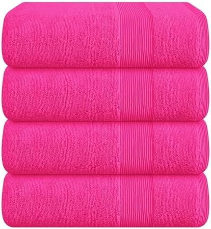 Belizzi Home 4 Pack Bath Towel Set 27x54, 100% Ring Spun Cotton, Ultra Soft Highly Absorbent Machine Washable Hotel Spa Quality Bath Towels for Bathroom, 4 Bath Towels - Hot Pink