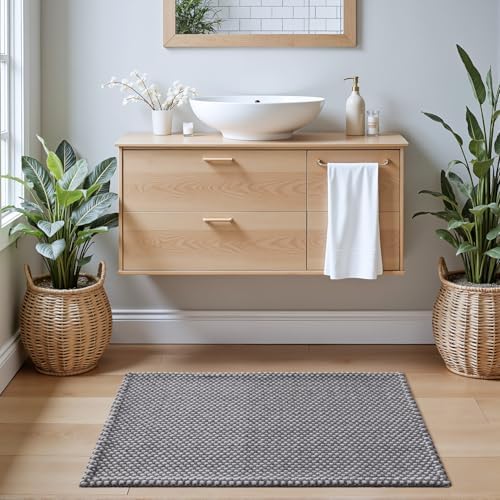 DEXI Chenille Bath Mat 24x16, Soft Absorbent Bathroom Rugs, Grey and White
