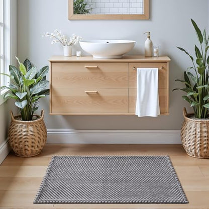 DEXI Chenille Bath Mat 24x16, Soft Absorbent Bathroom Rugs, Grey and White