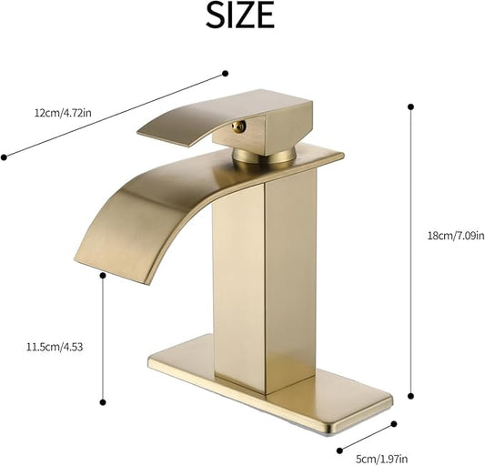 Wicbim Brushed Gold Bathroom Faucet,Modern Waterfall Black Bathroom Faucet,Single Handle Suitable for 1 or 3 Holes,Supply Deck Plate and Hose