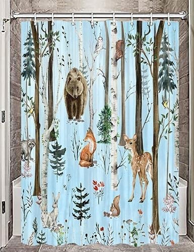 JAWO Rustic Forest Shower Curtains, Lodge Cabin Woodsy RV Shower Curtain, Wildlife Animals Woodland Campers Camping Bathroom Set with Hooks, 54x72 Inch, Blue