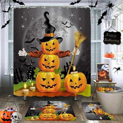 NBVKO Halloween Pumpkin Waterproof Curtain,with Non-Slip Rugs,Toilet Lid Cover and Bath Mat,Bathroom Shower Decor Accessory Set
