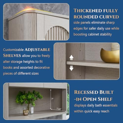Bathroom Fluted Arched Wall Cabinet, 23.6''W Medicine Cabinet, Light Grey