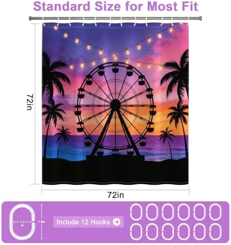 Romantic Gradient Purple Shower Curtain with 12 Hooks, Machine Washable Coastal Shower Curtain with Weighted Hem, Beach Ferris Wheel Design Waterproof Shower Curtains for Bathroom Decor, 72x72 Inch
