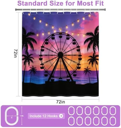 Romantic Gradient Purple Shower Curtain with 12 Hooks, Machine Washable Coastal Shower Curtain with Weighted Hem, Beach Ferris Wheel Design Waterproof Shower Curtains for Bathroom Decor, 72x72 Inch
