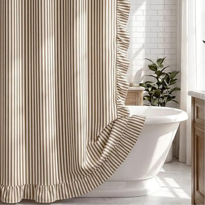 HunnmingRe Farmhouse Ruffled Striped Shower Curtain 72 x 72 Inch Brown Faux Linen Vintage Rustic Boho Stripe Shower Curtain with 12 Hooks for Bathroom Bathtubs Natural Decor