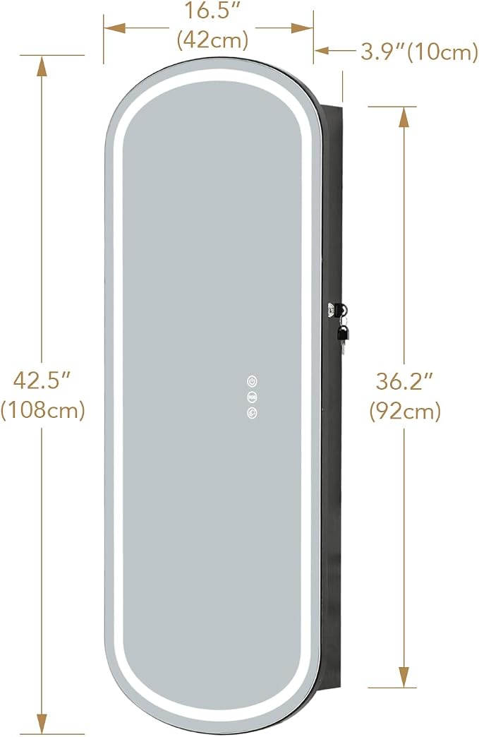 Mirror Jewelry Armoire Cabinet Organizer Wall Mounted Over the Door Black | Full-Length Lockable Rounded Wide Mirror with Storage Interior Mirror Door Mount Adjustable RGB LED Light Gift for Chrismas