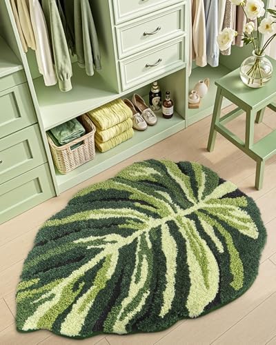 DEXI Cute Bath Mat, Green Leaf Monstera Bathroom Rugs 47x31.5
