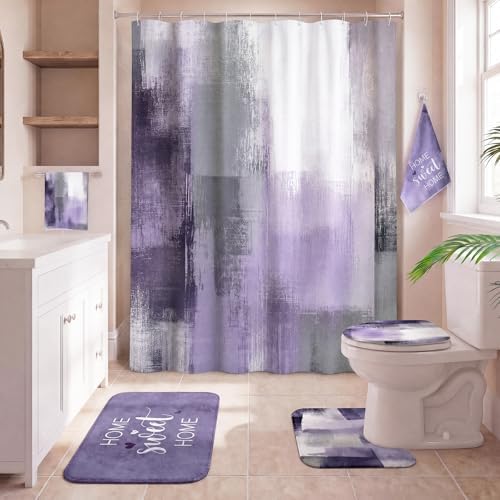Honoson 8 Pcs Purple Shower Curtain Set, Purple and Grey Bathroom Decor