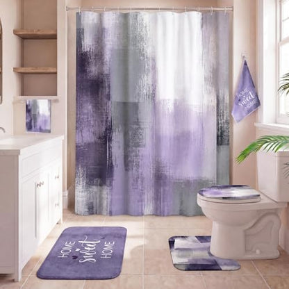 Honoson 8 Pcs Purple Shower Curtain Set, Purple and Grey Bathroom Decor