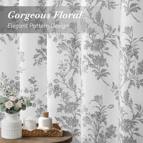 Grey Floral Shower Curtain,Vintage Cotton Cottagecore Gray Shower Curtains for Bathroom, 72" W x 78" L