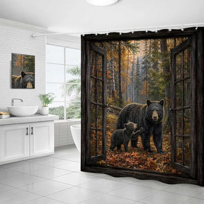 Rustic Bear Shower Curtain, Cabin Forest Window Scene 72x72 inch