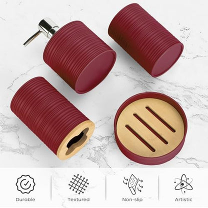 4PCS Burgundy Bathroom Set, Soap Dispenser, Dish & Bamboo Holder, Rustic