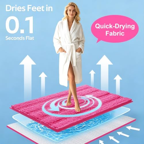 ACCUMTEK Christmas Striped Hot Pink Bathroom Rug Set 3 Pieces Ultra Soft, Non Slip Chenille Toilet Mat, Absorbent Plush Shaggy Bath Mats for Bathroom, Bedroom, Kitchen, Peach
