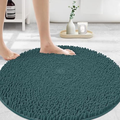 MAYSHINE Large Plush Shaggy Chenille Bath Mat 36"x36" Round, Extra Soft, Super Absorbent, Non-Slip Bathroom Rug, Fluffy Microfiber, Area Rug Sets for Bathroom Floor, Kitchen, Living Room, Teal
