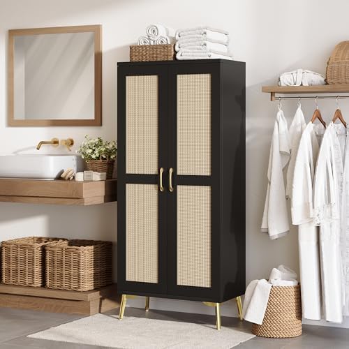 JASIWAY Tall Bathroom Storage Cabinet 57" Rattan Pantry Cabinet, Black