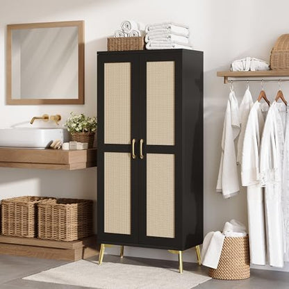 JASIWAY Tall Bathroom Storage Cabinet 57" Rattan Pantry Cabinet, Black
