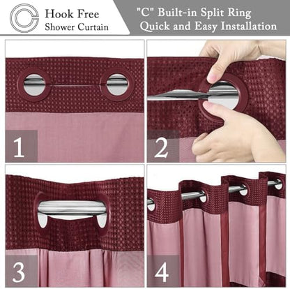 Gibelle No Hook Cloth Burgundy Shower Curtain with Liner, 72x86