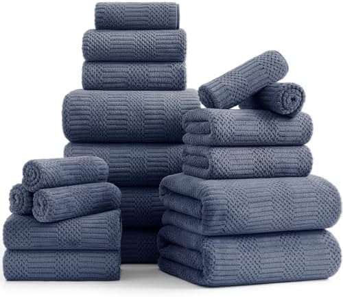 18 Pcs Purple Blue Family Towels Set-6 Bath Sheets,6 Hand Towels,6 Washcloths Soft Polyester Towels Absorbent Shower Towel Quick Dry Beach Chair Towel Lint Less Towels Set for Bathroom Spa Gym Hotel